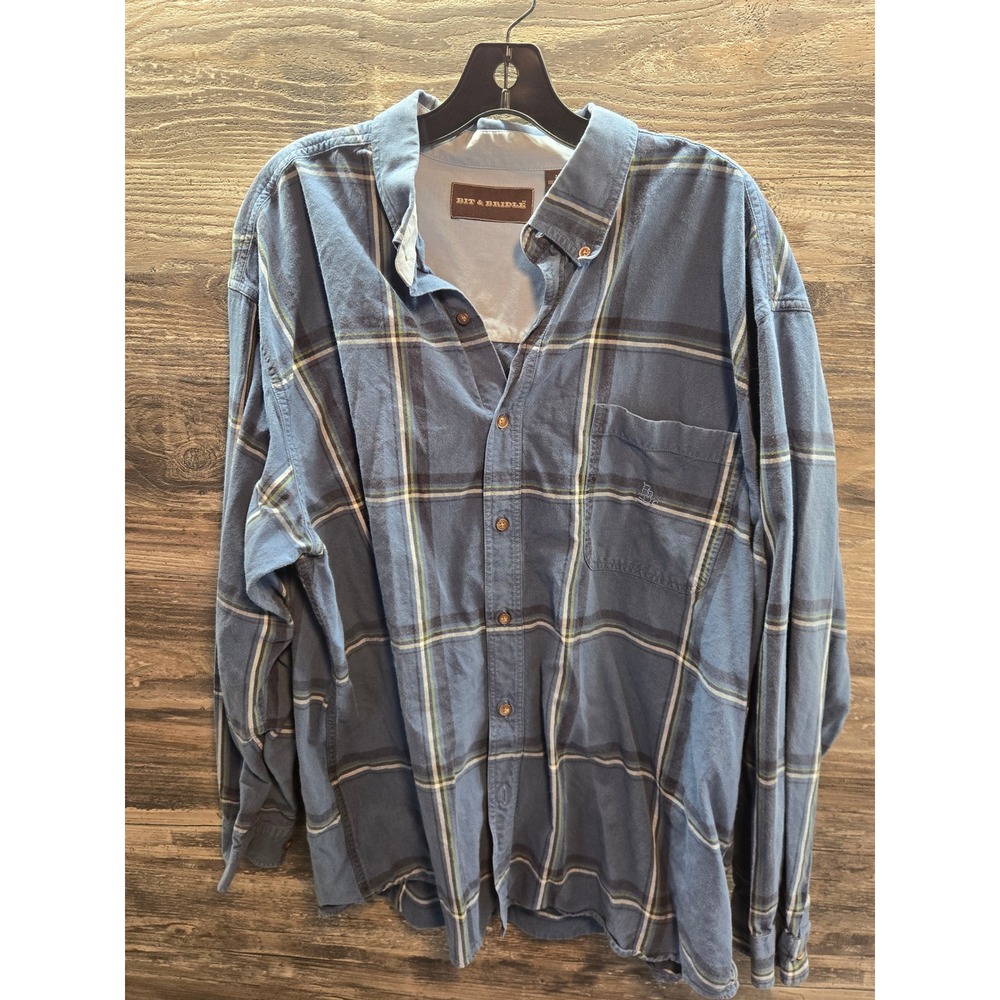 Bit & Bridle Mens 2X Blue Plaid‎ Button Down Shirt Long Sleeve 100% Cotton Top